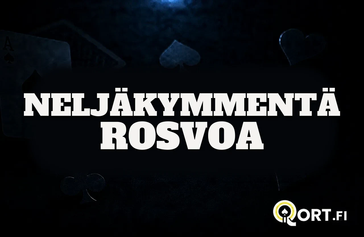 Tummalla korttipöydällä pelikortteja ja maasymboleja sekä nimi Neljäkymmentä rosvoa