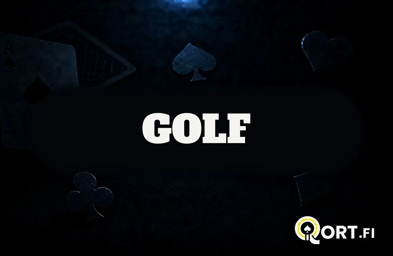 Tummalla korttipöydällä pelikortteja ja maasymboleja sekä nimi Golf