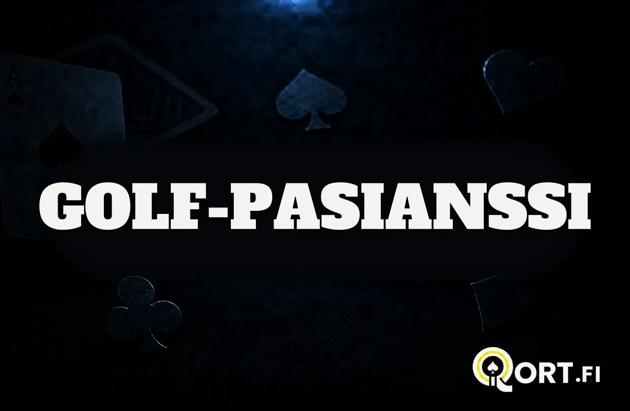 Tummalla korttipöydällä pelikortteja ja maasymboleja sekä nimi Golf-pasianssi