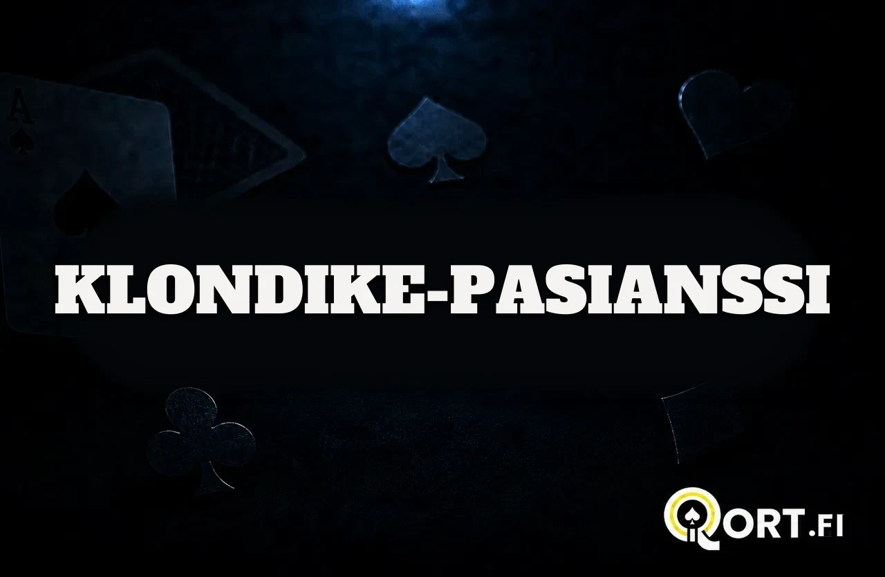 Tummalla korttipöydällä pelikortteja ja maasymboleja sekä nimi Klondike-pasianssi