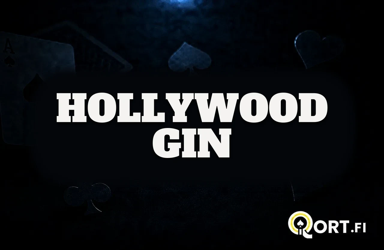 Tumma korttipöytä, pelikortteja ja maiden symboleja sekä nimi Hollywood gin