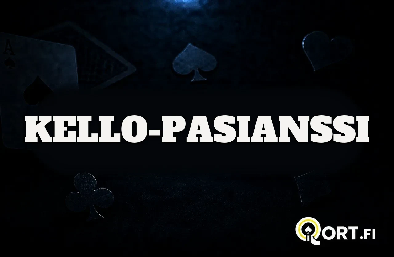 Tummalla korttipöydällä pelikortteja ja maasymboleja sekä nimi Kello-pasianssi