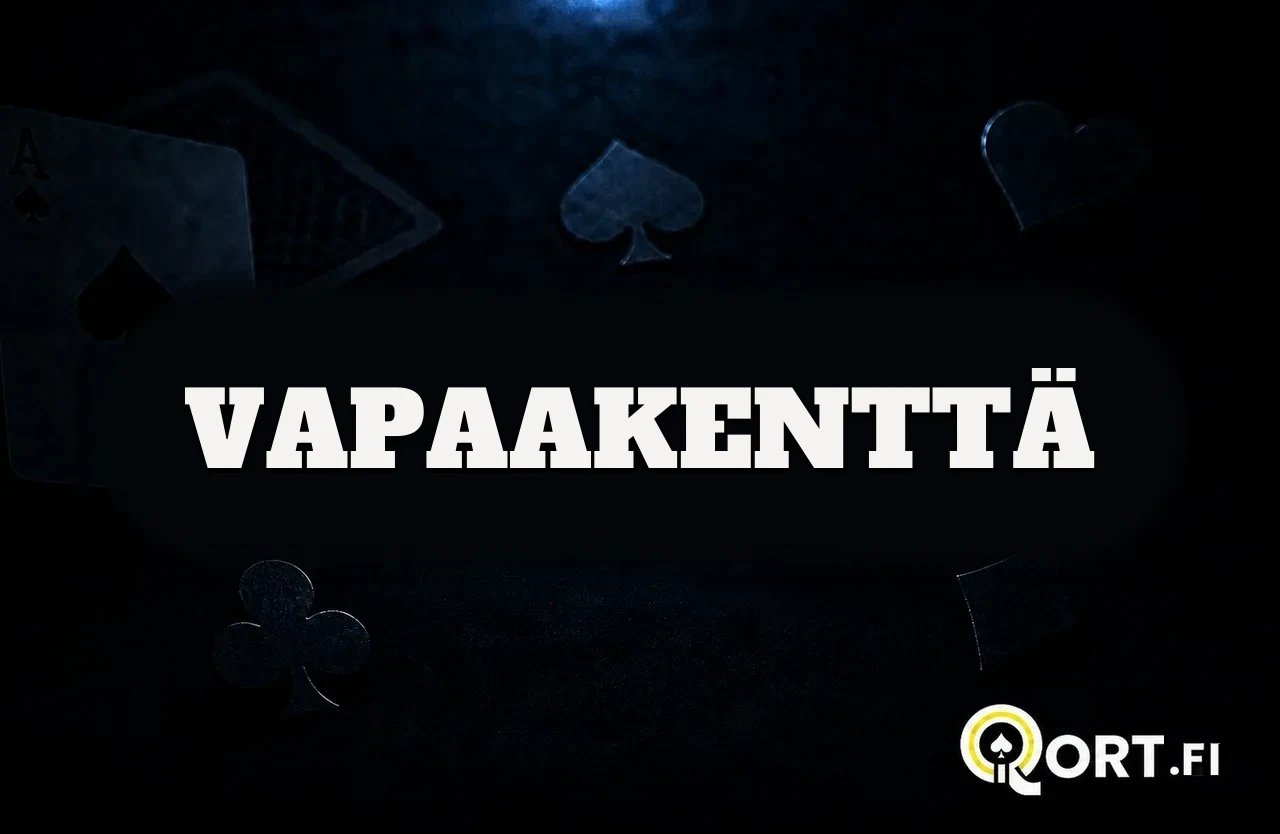 Tummalla korttipöydällä pelikortteja ja maasymboleja sekä nimi Vapaakenttä