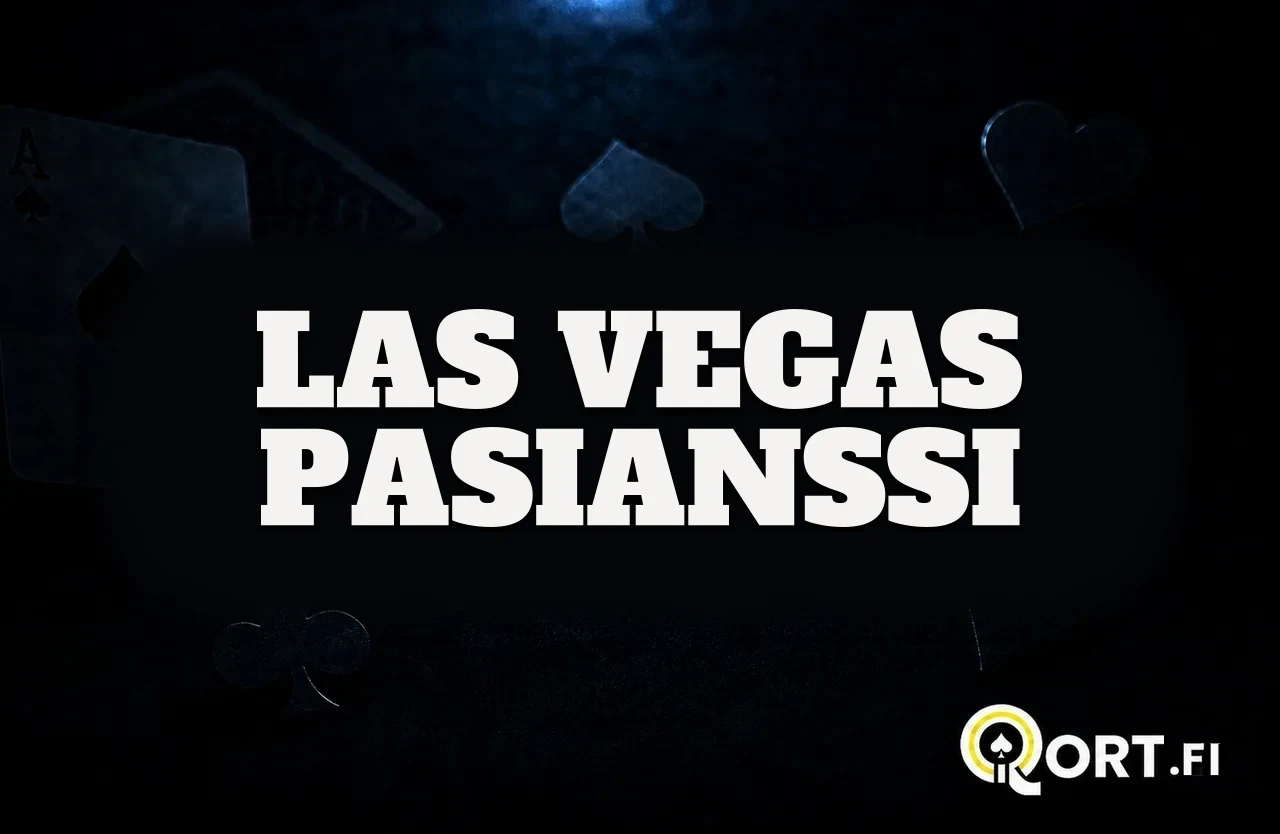 Tummalla korttipöydällä pelikortteja ja maasymboleja sekä nimi Las Vegas -pasianssi