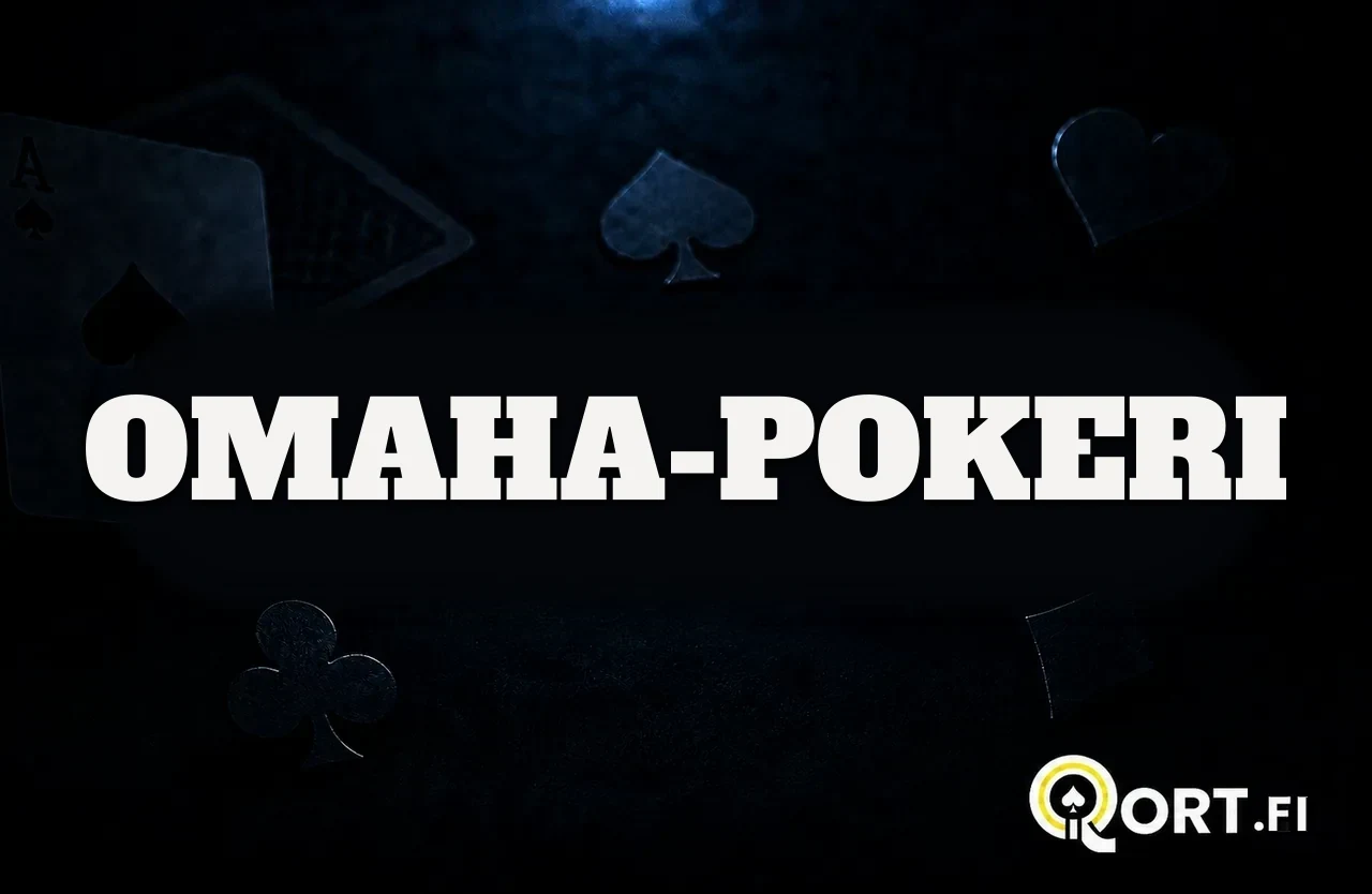 Tumma korttipöytä, pelikortteja ja maasymboleja sekä teksti Omaha-pokeri