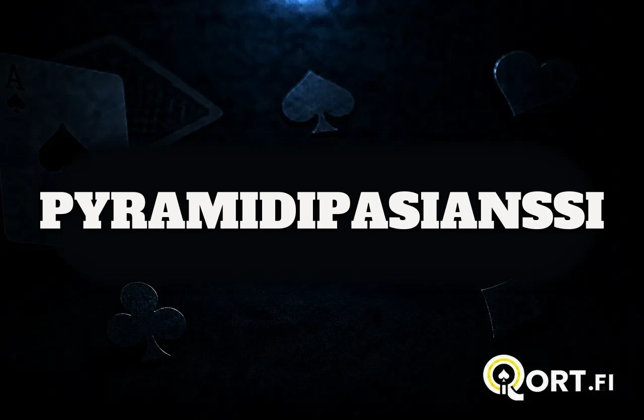 Tummalla korttipöydällä pelikortteja ja maasymboleja sekä nimi Pyramidipasianssi
