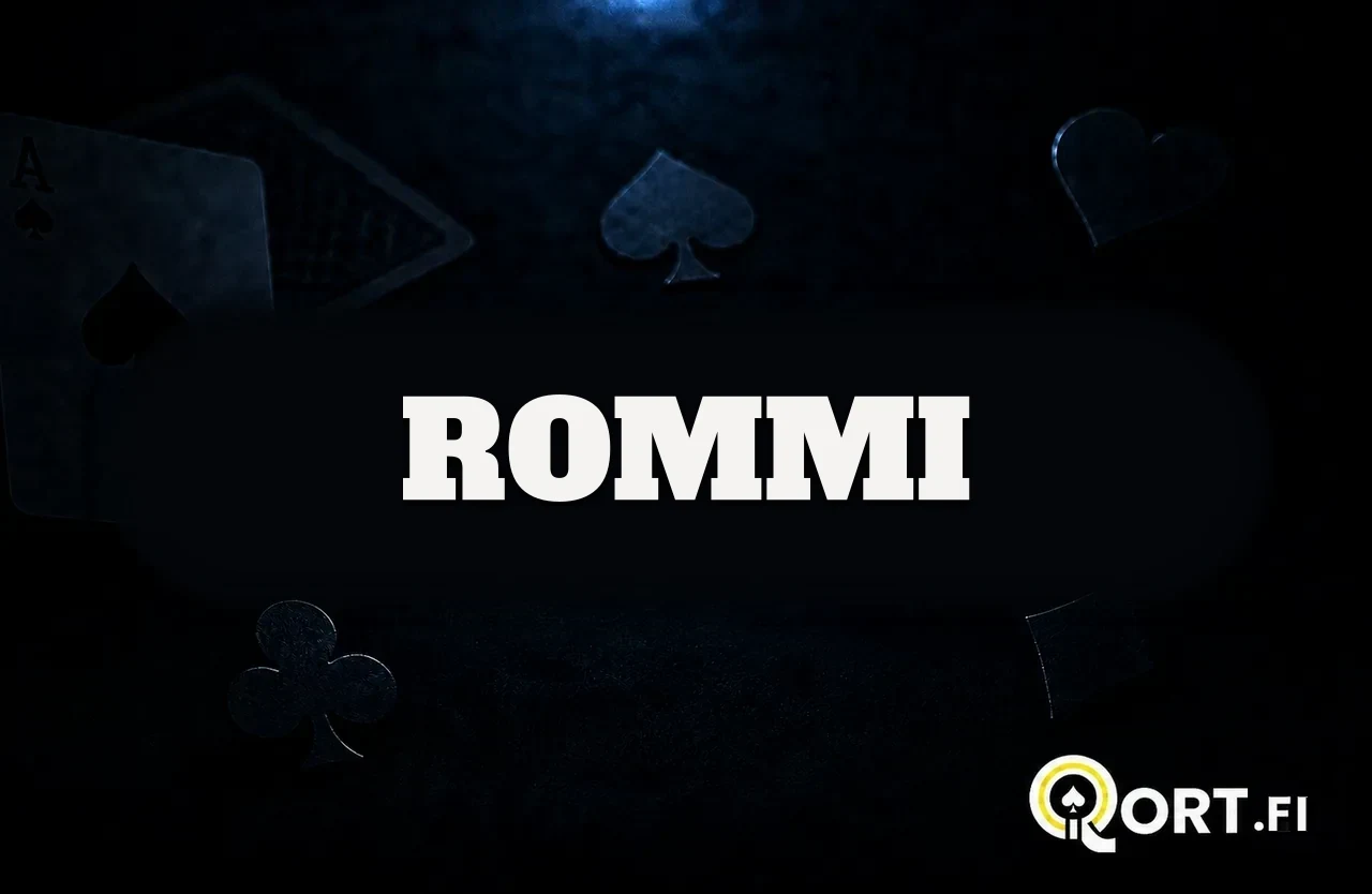 Tumma korttipöytä, pelikortteja ja maiden symboleja sekä nimi Rommi