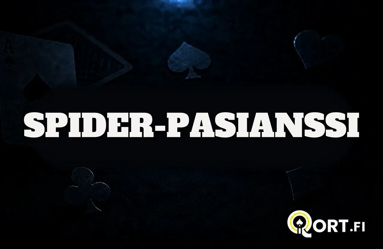 Tummalla korttipöydällä pelikortteja ja maasymboleja sekä nimi Spider-pasianssi