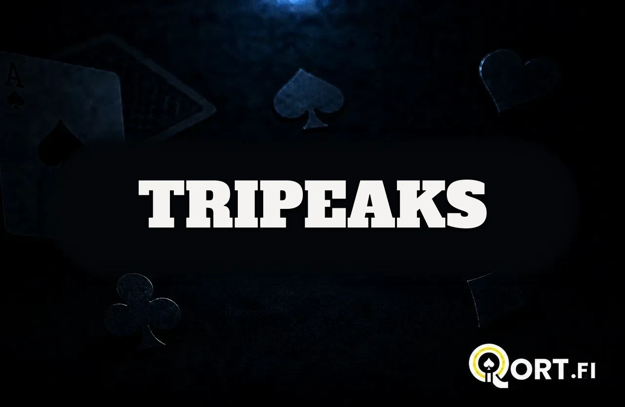 Tummalla korttipöydällä pelikortteja ja maasymboleja sekä nimi TriPeaks